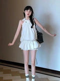 Aging Simple Temperament Suit Women's Summer Design Sense Hanging Neck Blouse Waist Fluffy Half Skirt Two Sets-Outfit