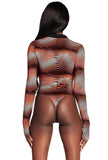Sexy High Cut Print Wavy Long Sleeve V-Neck