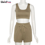 Puss 2 Piece Sets Women Casual Cotton Tracksuit Fitness Tank Top Drawstring Shorts Activity Stretchy Summer Street