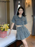 Skirts Outfits Vintage Denim Two Piece Set Women Short Sleeve Crop Tops High Waist Pleated Mini Skirt Suit Y2k