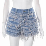 Women's Denim Skirt Do Old Solid Color Burrs Tassel Slim High Waist Short A-line Mini Skirt 2024 Summer New Fashion 29L2618-Outfit
