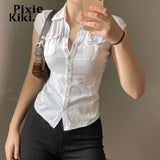 Y2k Button Up Shirts for Women Summer Blouses 2023 Girls Tight Fitted Short Sleeve Crop Tops Cardigan