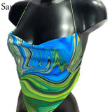 Sexy Women Casual Y2K Blue Tie Dye Summer Crop Tops Skinny Lace Up 2021 Club Chic E Girl Halter Mini Vest Tank