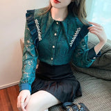 Hollow Out Lace Shirt Women Blusas Mujer De Moda 2022 Office Lady Flower Blouse Diamond Lapel Long Sleeve Female