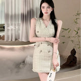 New Summer Sleeveless Tweed Mini Dress French Vintage Temperament Double-Breasted V-neck Slim Sexy Vest Dress