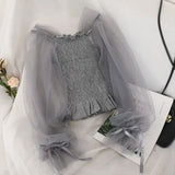 Korean Solid Mesh Long Sleeve Sexy Women Blouses 2020 New Arrival Slash Neck Female Shirts Elegant Mujer