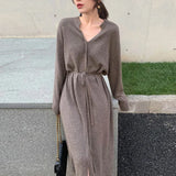 Women Elegant Solid Midi Dress With Belt 2021 V Neck Korean Chic Dresses Long Sleeve Casual Knitted Sweater Dress