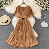 summer new V neck short sleeved dress over the knee slim temperament waist tie big swing pleated Solid Color High
