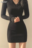 Sexy V-Neck Slim Ribbed Knitting Bodycon Dress for Women Korean Long Sleeve Sweater Mini Dresses Autumn Winter 2023