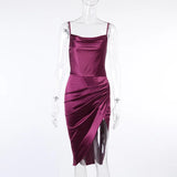 Dress Women Summer Satin Party Dress Black V-Neck Hight Side Split Sexy Mini Dress Women Ruched Skinny Elegant