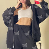 Sweetown Black New Autumn Hoodies Women Butterfly Diamond Zip Up Korean Sweatshirt Winter Jacket Long Sleeve Hood Pullovers