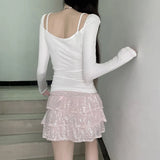 Sexual Wind Lace Splicing Bow Hollowed-Out Long-Sleeved Knitted T-Shirt A Variety Of Thin Solid Color Blouse-Outfit