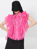 Ruffle Trim Shirt For Women Lapel Sleeveless Solid Straight Loose Button Through Blouse Female Summer Clothing