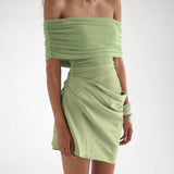 Spring And Summer New Women's Sexy Shoulder Mesh Splicing Bare Waist Folding