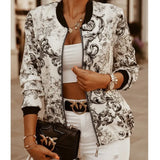 Casual Floral Printed Bomber Jacket Autumn Elegant Zipper Coat Office Wear Slim Office Jackets Vintage Outwear