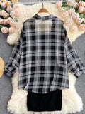 VAREY LIN New Summer Women Fashion Two Piece Set Plaid Long Sleeve Sunscreen Shirt+A-line Knitting Slip Dress Casual