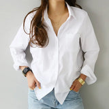 Women Casual White Blouses Long Sleeve Office Shirts 2021 Turn Down Collar Solid Pocket Shirt Ladies Plus Size Tunic