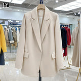VAREY LIN New Spring Women Turn-down Collar Sash Tie Up Blazer Elegant Office Lady Beige Black Long Sleeve Blazer with