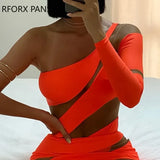 Women Solid Contrast Mesh Patchwork One Shoulder Long Sleeves Midi Bodycon Sexy Party Dress-Outfit
