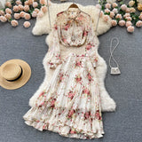 Women Summer Print Temperament Set 2022 Summer Long Sleeves Bow Single Breasted Tops Ladies Long Skirt Two Piece