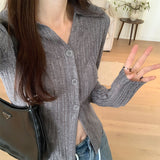 Straightens The Shoulder Knitted Cardigan Jacket, A New Slim, Striped Long-Sleeved Blouse In Early Autumn-Outfit