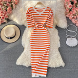 2022 New Summer Women Knitted Dress Korean Chic V Neck Puff Sleeve Dresses Fashion Office Lady Striped Vestidos