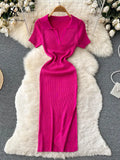 Elastic Split Women Knitted Dress Solid Summer 2022 Slim Lapel Casual Elegant Gentle Ladies A Line Long