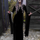 Halloween Cos Witch Sexy Forked Long Skirt Lace Hollowed-Out Horn Sleeve Dress Girl-Outfit