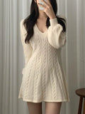 Color Cute V-Neck Cable Knit Long Sleeve Mini