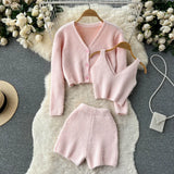 Fashion Solid Women Knit Suits Single Breasted V Neck Cardigan+Mini Camis+Slim Short Pants Sweater Three Piece