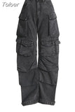 Blue Multi-pockets Baggy Jeans Women Clothes Winter 2023 Fashion High Waist Wide Leg Pants Denim Trousers