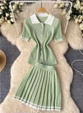 Style POLO Collar Short-Sleeved Top + High-Waisted 100-Folded Skirt Knitted Two-Piece Suit