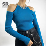2021 Autumn knitted Sweater Women Long Sleeves Basic Knit Tops Off the Shoulder Sexy Pullovers Chain Diamond