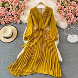 VAREY LIN New Spring Autumn Women Casual Solid Slim Dress Elegant A Line V Neck Puff Sleeve Chiffon Pullover Mid-Calf