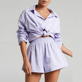 Loungewear Women Blue Suits With Shorts Casual Loose Long Sleeve Cardigan Shirt Two Piece Set Sleepwear Summer