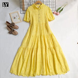 VAREY LIN New Summer Women Casual High Waist Single Breasted Vintage Dress Sweet Turn-down Collar Hollow Out Embroidery