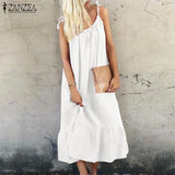 Bohemian Solid Ruffle Dress Women's Summer Sundress ZANZEA Casual Spaghetti Strap Midi Vestidos Female Holiday
