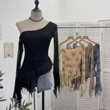 Personality Tie-Dye-Print Oblique Shoulder Dress Repair Irregular Lotus Horn Long-Sleeved Mesh T-Shirt