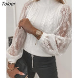 Lace Stitching Sweater Women Knitted Puff Long Sleeve Top Casual White Pullover Autumn Winter Turtleneck Sweaters