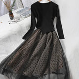 VAREY LIN New Autumn Women Knitted Tulle Patchwork Dresses Elegant Long Sleeve Polka Dot A Line Black Slim