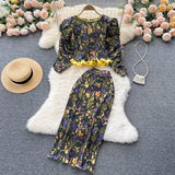 Spring Autumn Bohemian Women Printed Draped Two Piece Set Blue/Red/Yellow Pleated Ruffle Blouse + High Waist Midi Skirt Suit