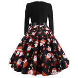 Sells Popular Christmas Fashion Retro Round-Collar Printed Long-Sleeved Hem Dresses In Stock-Outfit