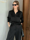 Fashion Black Wide Trouser Suits Casual Blouse Office Two Piece Set