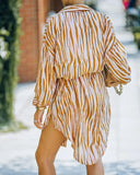 Turn-down Collar Full Sleeves Striped Print Belted Mini Loose Casual