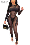 Black Nightclub Jumpsuit Sheer Mesh Patchwork Long Sleeve One Piece Outfit Transparent Sexy Outfits for Woman