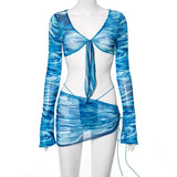 Tie Dye Ruched Long Sleeve Crop Top Women V Neck Bow Bandage See Though Beach Summer Sexy Woman T Shirts 3 Pieces
