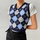 Y2K Sleeveless Autumn Sweater Pullover Casual Plaid Knitted 90s Knitted Crop Sweaters Casual Autumn Preppy