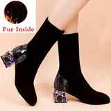 Over The Knee Boots For Women Rhinestone Square Block Heels Thigh High Boots Female Winter Fleece Shoes Black Botas