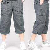 Men Solid Color Breathable Pocket Loose Straight Capri Cropped Pants