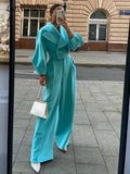 Women Lantern Sleeve Suit Sets Fashion Lapel Double-breasted Straight Pants Outfit Winter Casual Female Two Piece